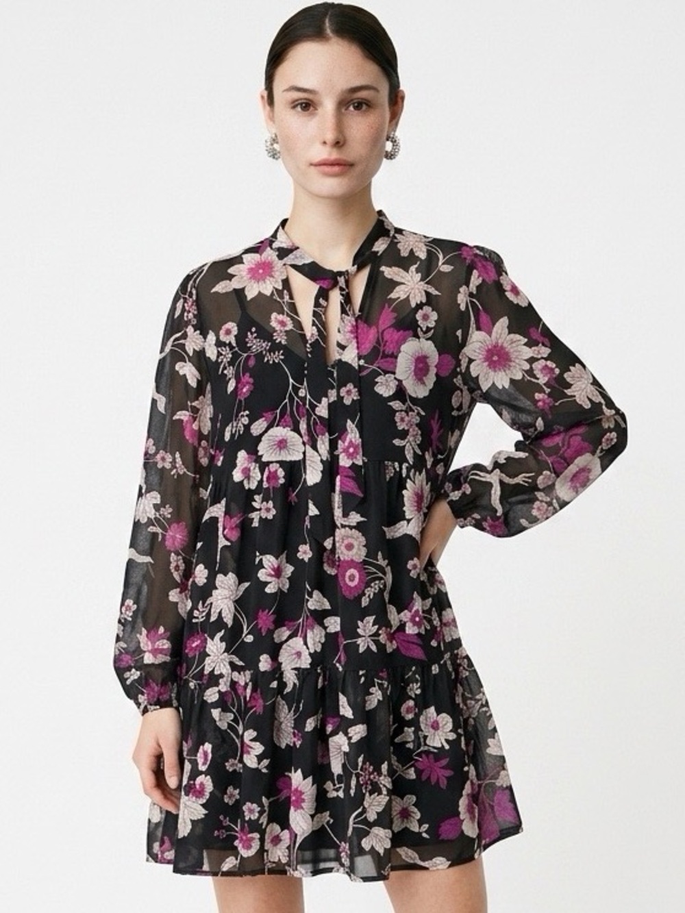 Black Floral Tie-Neck Long Sleeve Mini Dress in Pink and White (r14t)